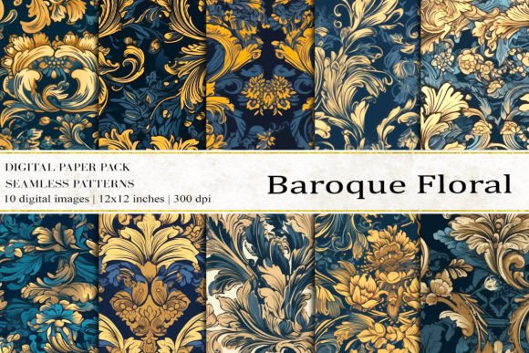 Baroque Blue Floral Digital Papers for Creative Projects